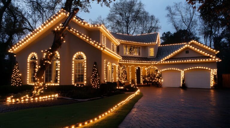 a house with Christmas lights on the front of it